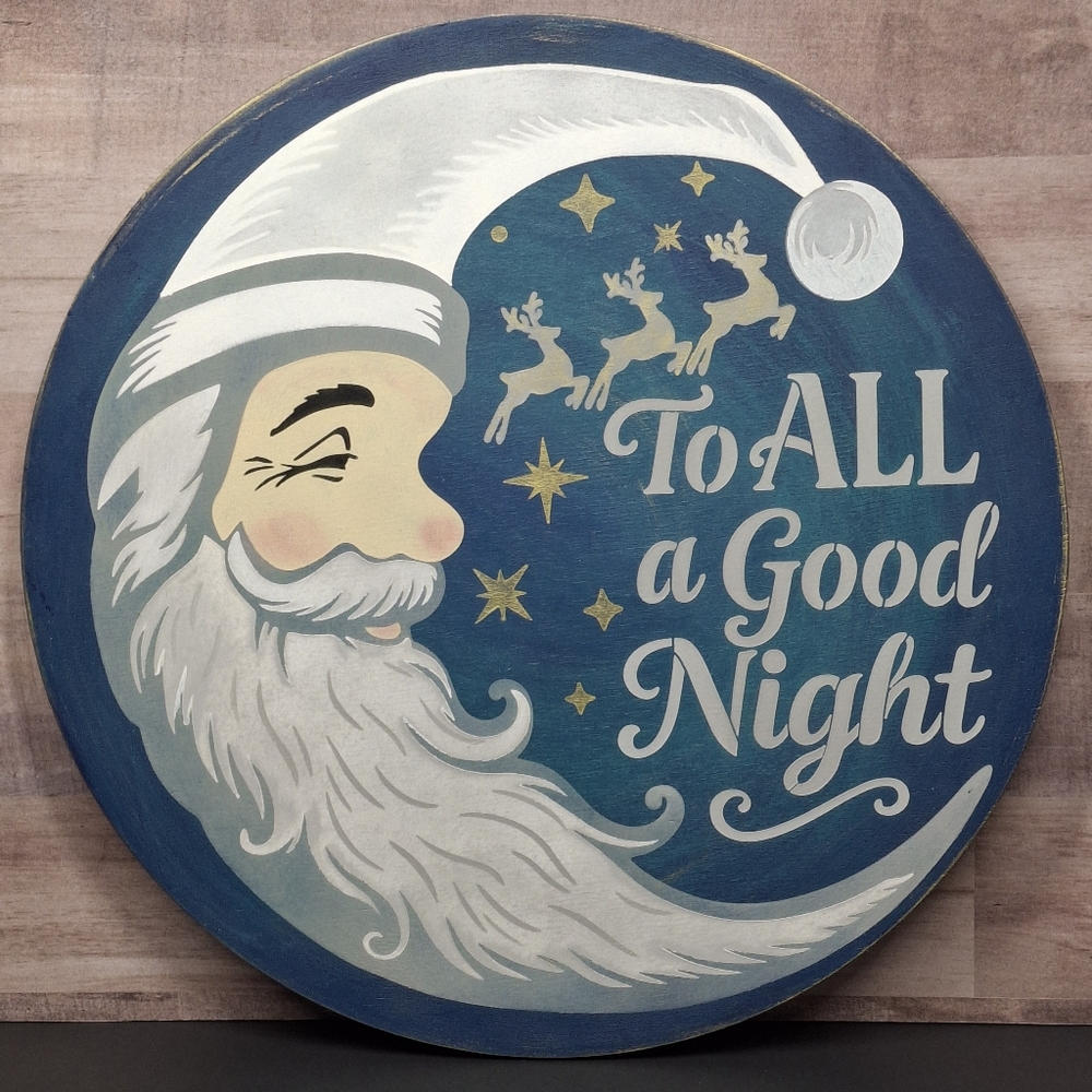 Santa Moon Wood Round Sign Blue Night Before Christmas Wall or Shelf Decor